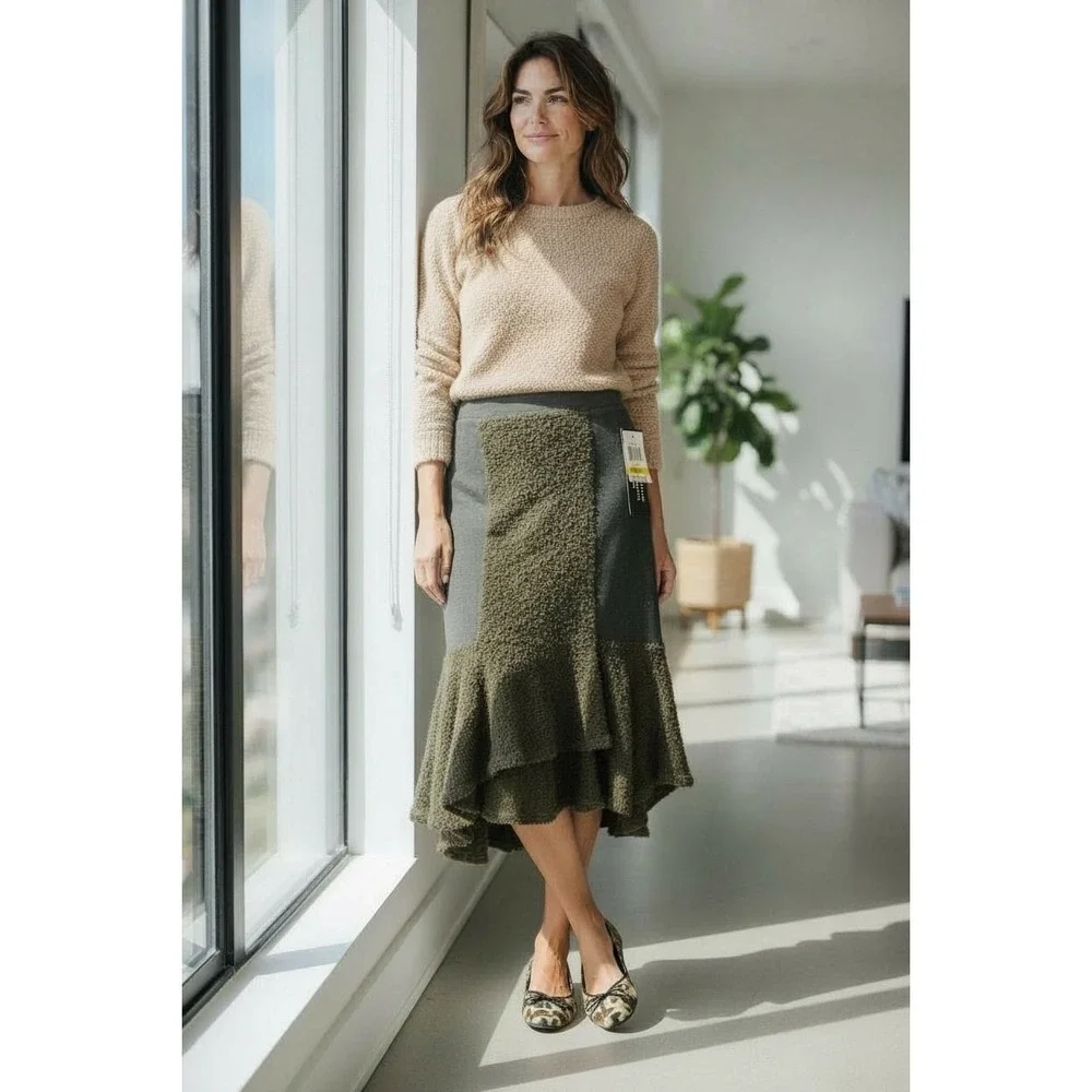 Bar III Textured Ruffle Hem Midi Skirt Olive‎ Green Womens Size Medium